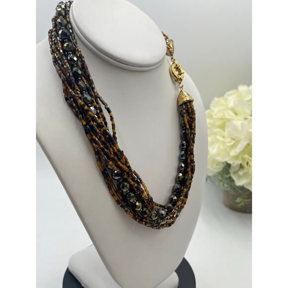MultiStrand Brown Black Seed Bead Beaded Necklace Gold Tone Large Closure - Picture 4 of 9
